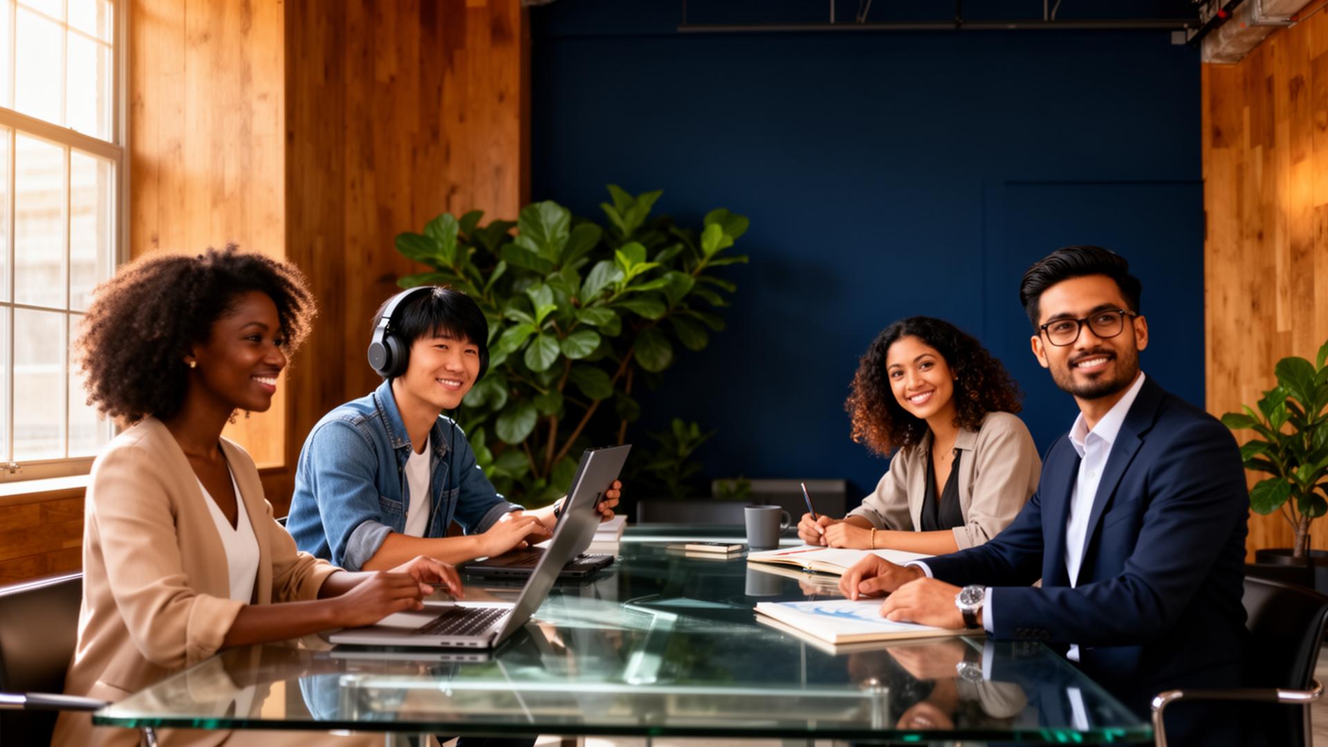 A diverse team of founders, creators and investors collaborating in a modern studio