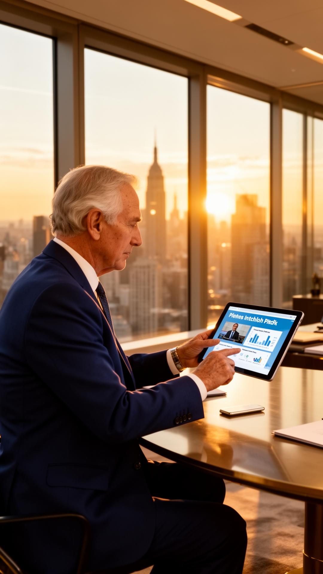 Investor reviewing pitch videos on a tablet at golden hour